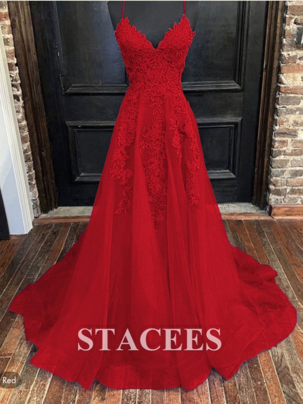 STACEES Formal Dress Prom/Pageant V Neck Sweep Train Tulle Appliqué RED SZ 4